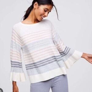 🌸 LOFT Knit Mixed Stripe Bell Sleeve Sweater • Wool Blend • XS